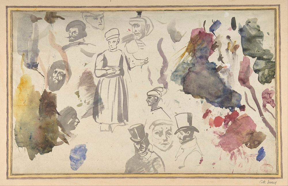 Studies of male heads and a standing male figure  by Eugène Delacroix