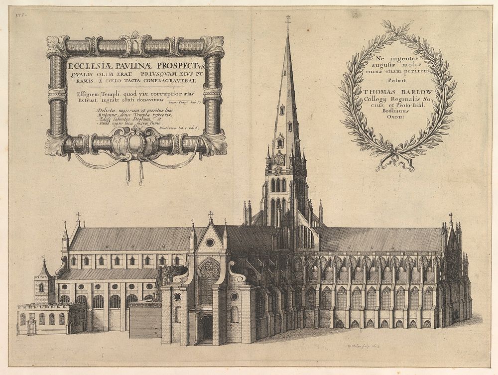 Saint Paul's from the South Showing the Spire (Ecclesiae Paulinae Prospectus...) (from William Dugdale, "The History of St.…