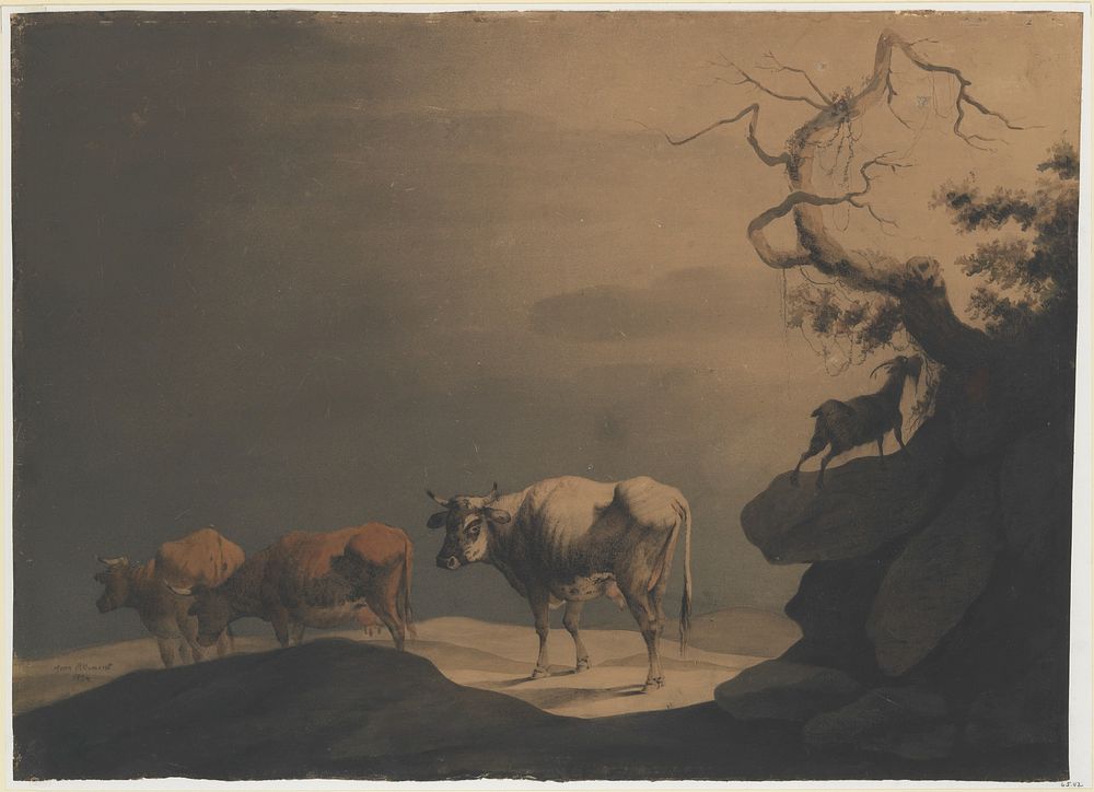 Cows and a Goat in a Landscape, attributed to Jean Pillement