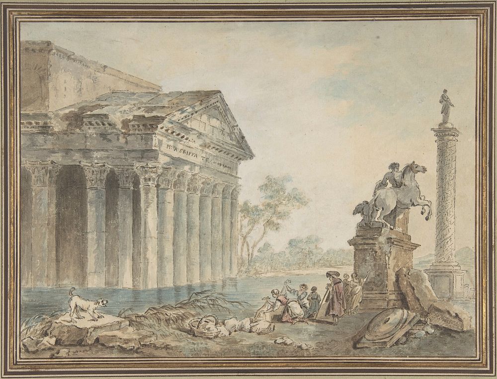 Architectural Capriccio with Roman Monuments and Washerwomen manner of Hubert Robert