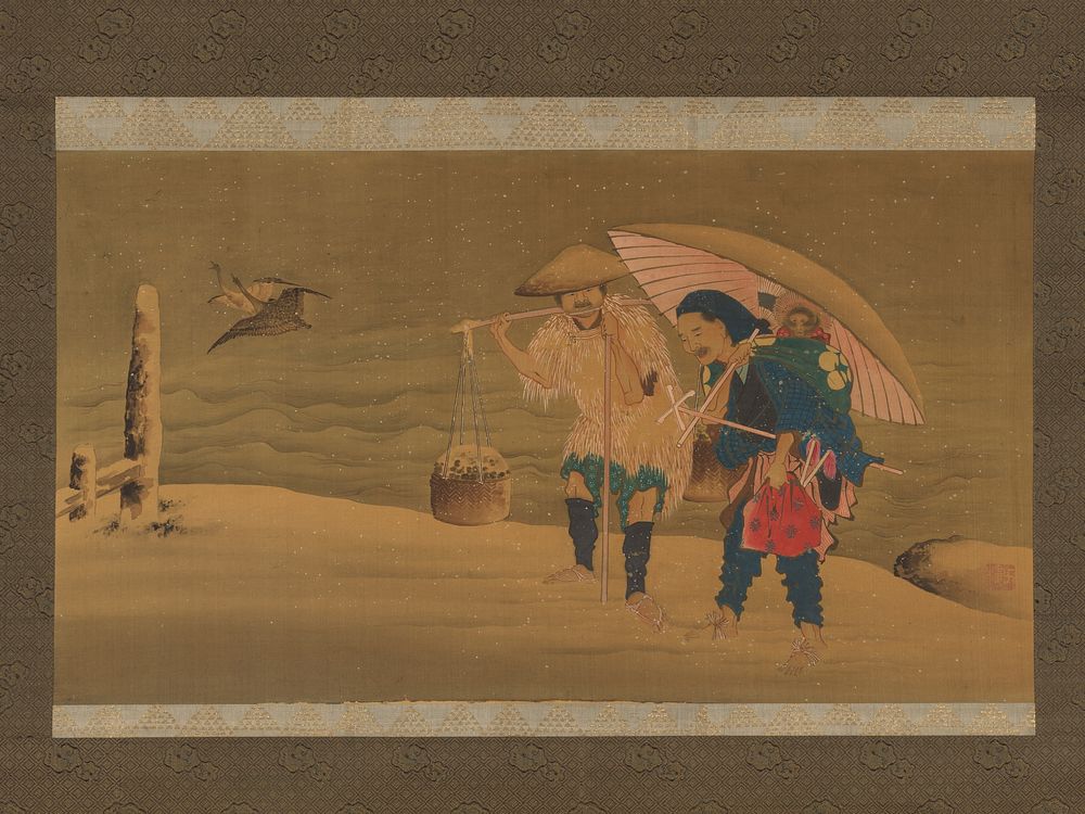 Monkey Showman and Porter(?) in the Snow by Hokuga