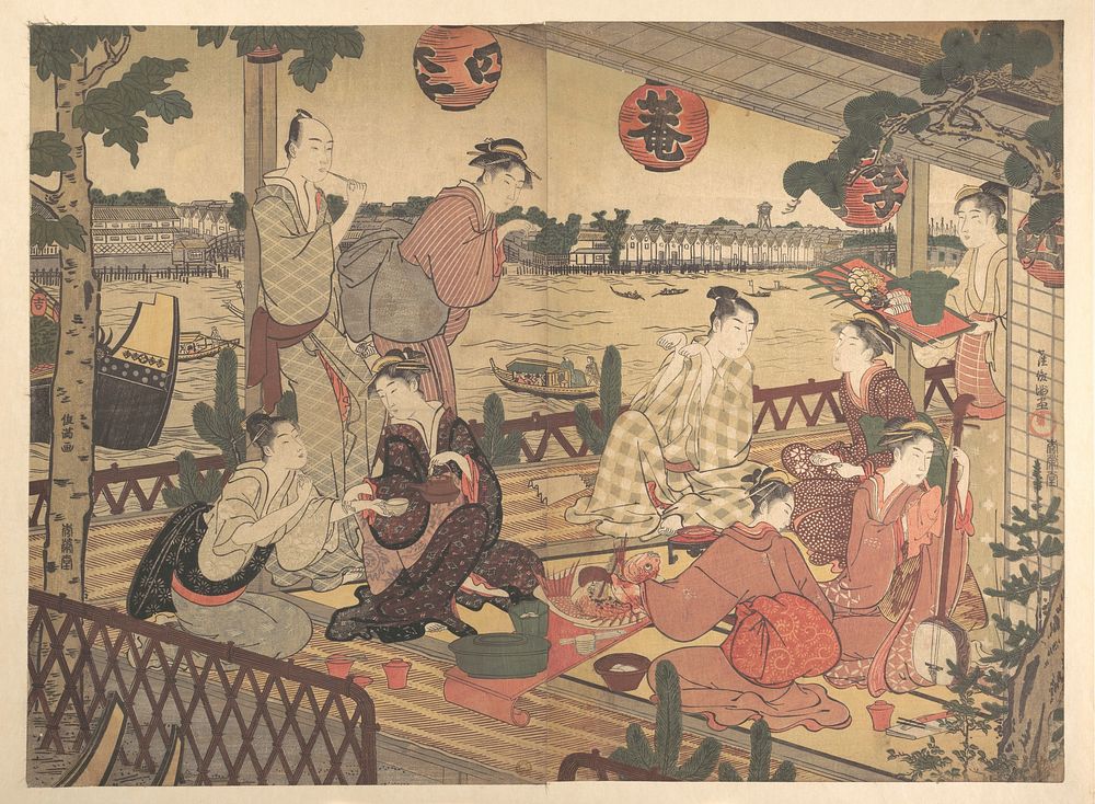 Two Young Men and Several Women Dining at a Tea-house on the Bank of the Sumida River by Kubo Shunman