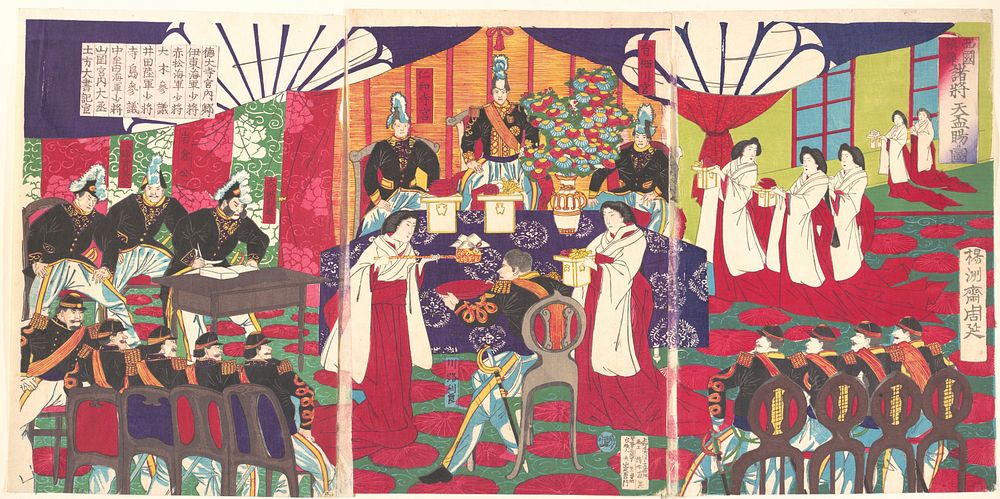 Illustration of the Commanders who Pacified Western Japan, Receiving the Emperor's Gift Cups (Saigoku chinsei shoshō tenpai…