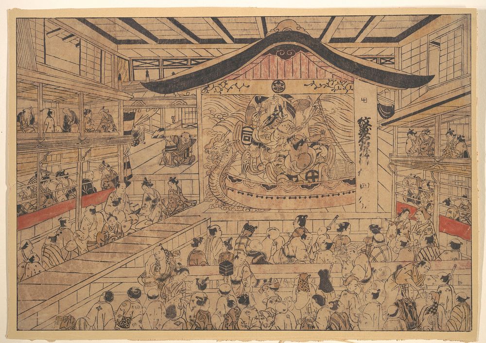 Perpsective View (uki-e) of a Kabuki Theatre, with a Performance of  The Crest Patterns of the Soga Brothers and Nagoya…