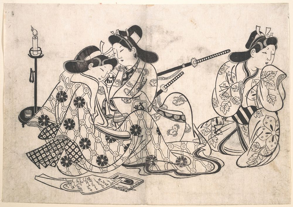 Samurai and Courtesan Seated; A Servant Beside Them