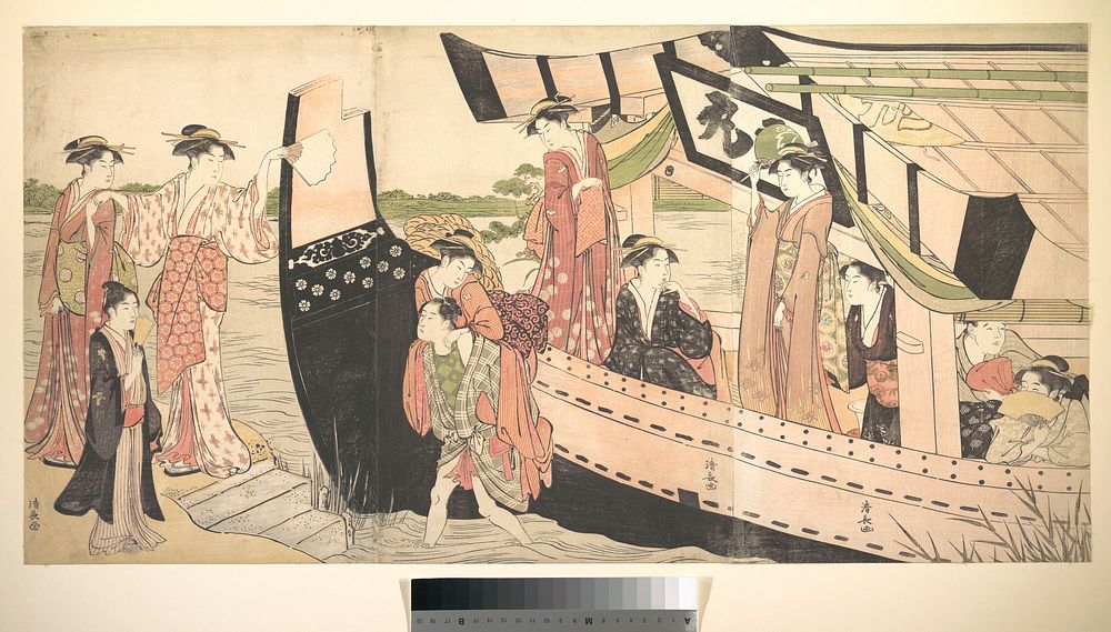 Women Landing from a Pleasure Boat Drawn Up to the Shore at Mukojima on Sumida RIver, Edo by Torii Kiyonaga