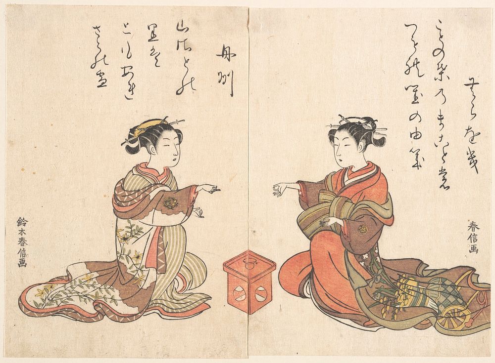 Two Girls Play the Finger Game of Kitsume Ken by Suzuki Harunobu