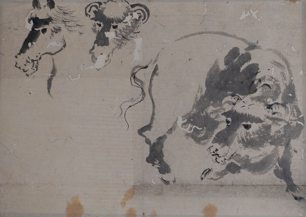 Drawing of a Bison, and Heads of a Bison and Horse by Katsushika Hokusai by Unidentified artist