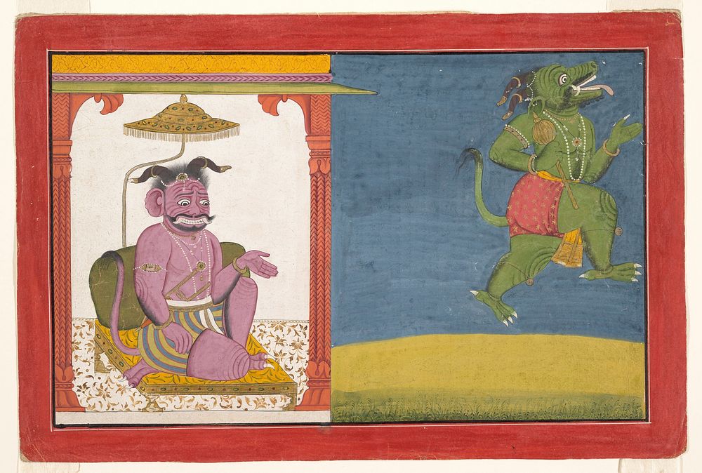 The Demon Hiranyaksha Departs the Demon Palace: Folio from a Bhagavata Purana Series, Northern India, Guler, Himachal…