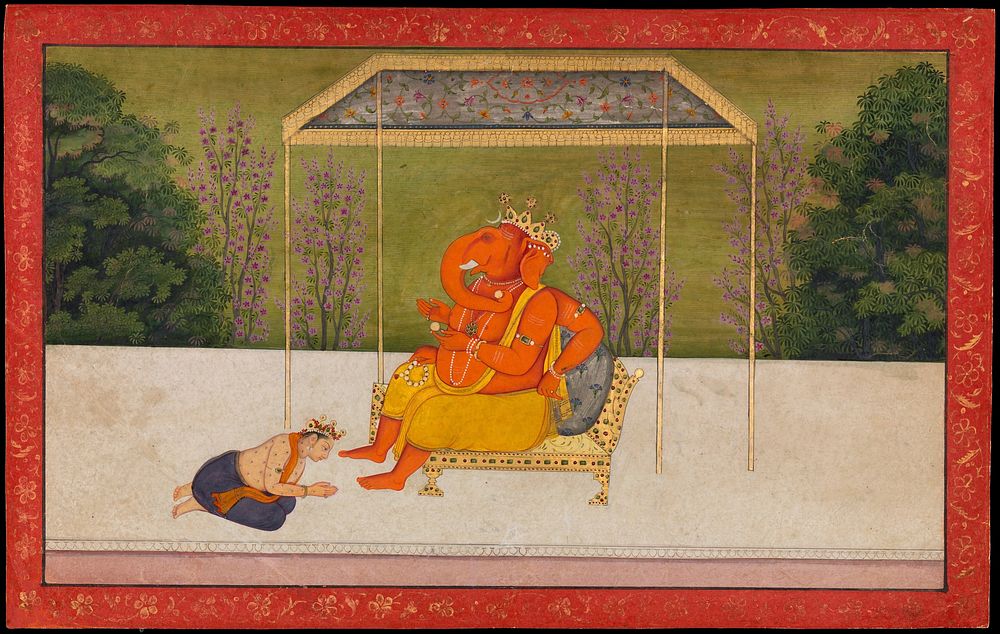 "Indra Worships the Elephant-Headed God Ganesha, Seated on a Throne." Folio from the Tehri Garhwal Series of the Gita…