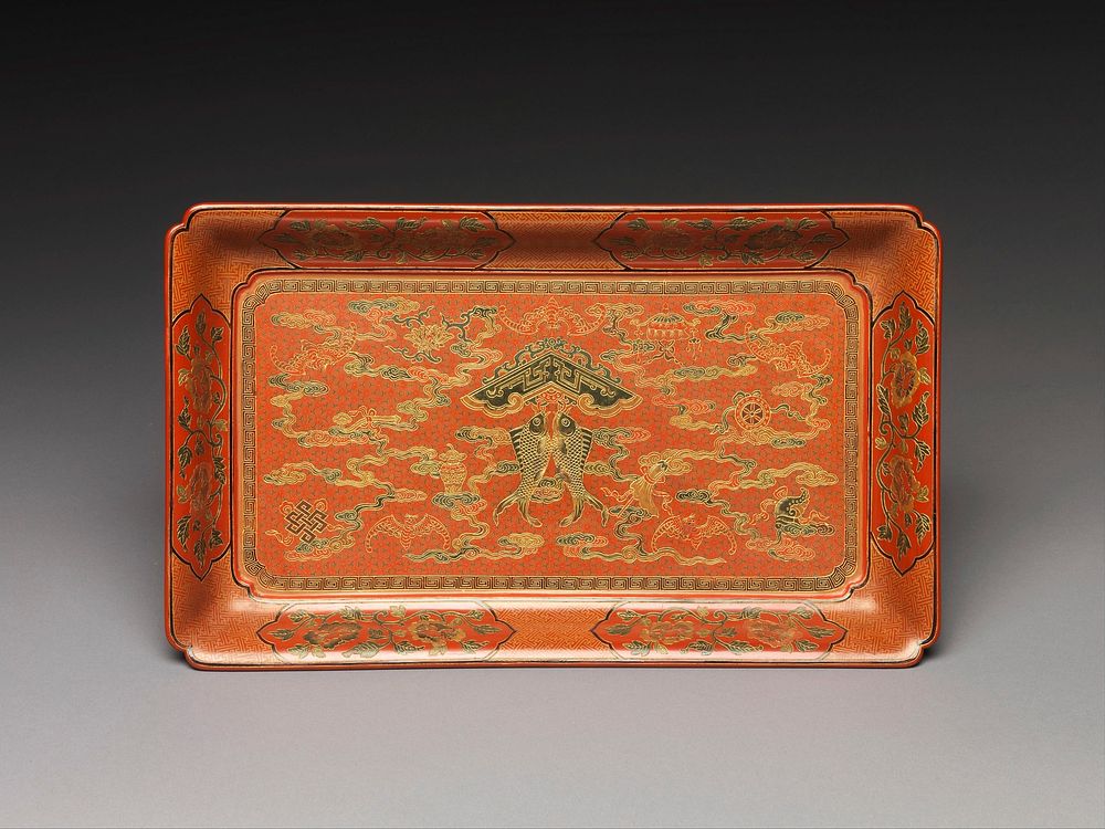 Rectangular tray with fish chime, treasures, and clouds