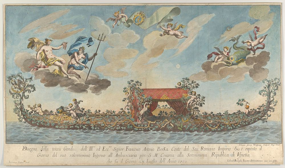 The highly ornamented third gondola of Francesco Antonio Berka entering Venice, Gods on clouds in the upper section by…