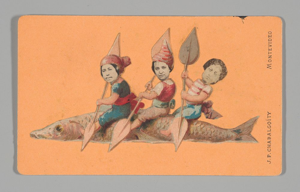 Photo Collage: Three People Holding Oars, Sitting on a Large Fish
