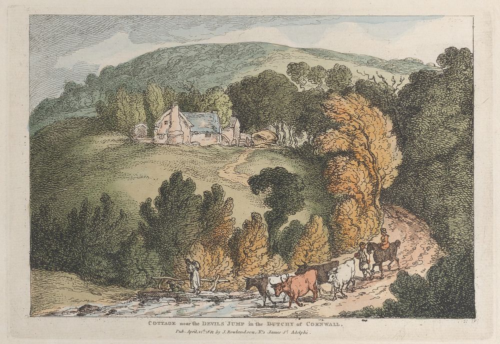 View of the Church and Village of St. Cue, Cornwall, from Views in Cornwall" by Thomas Rowlandson