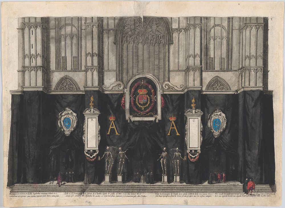 Plate 1: Figures gathered before a curtained wall, decorated with three armorials with the coat of arms and symbols…