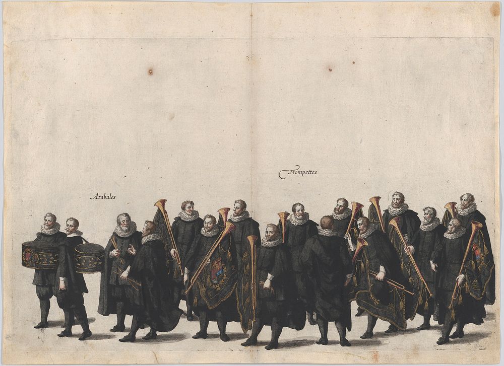 Plate 28: Drummers and trumpet players marching in the funeral procession of Archduke Albert of Austria; from 'Pompa…