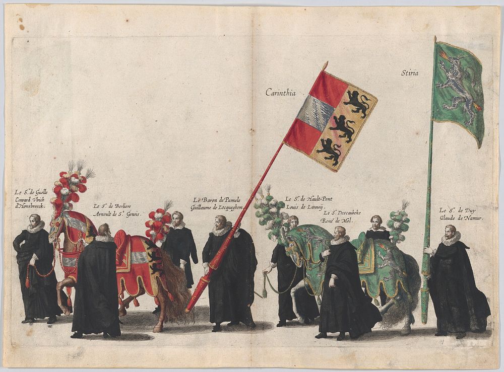Plate 44: Men with heraldic flags and horses from Carinthia and Styria marching in the funeral procession of Archduke Albert…