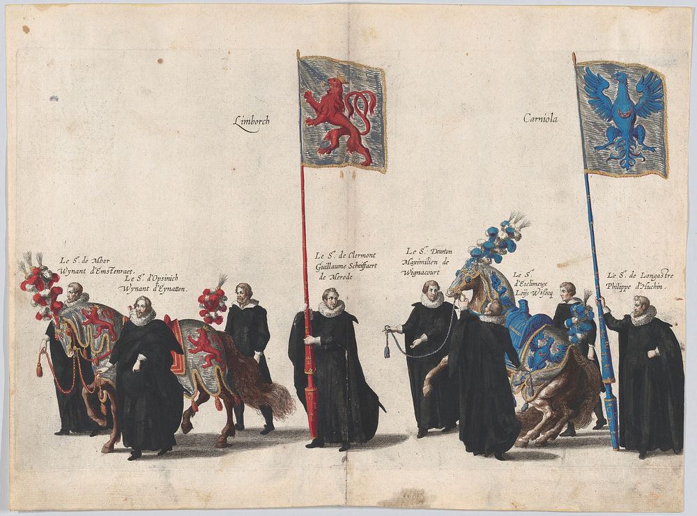 Plate 39: Men with heraldic flags and horses from Burgundy and Artois marching in the funeral procession of Archduke Albert…