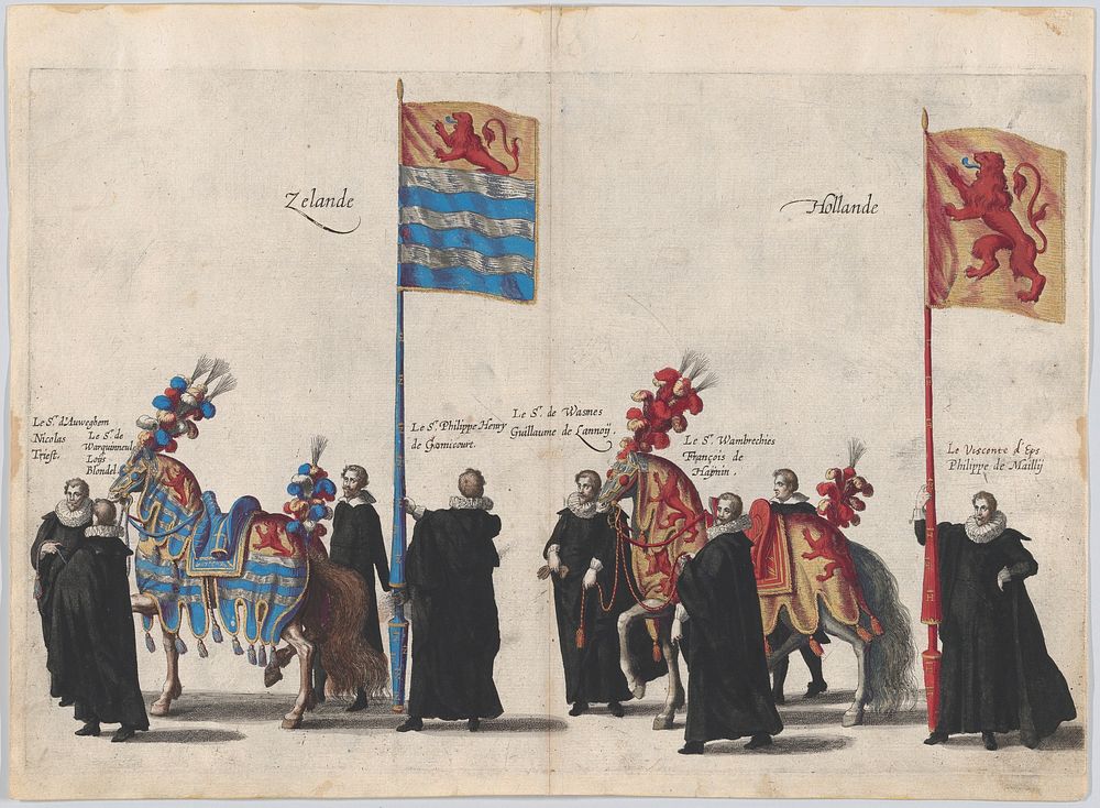 Plate 37: Men with heraldic flags and horses from Zeeland and Holland marching in the funeral procession of Archduke Albert…
