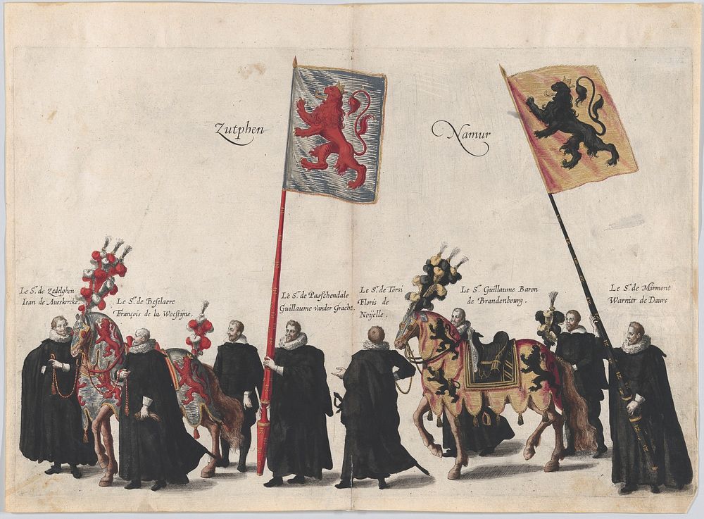 Plate 36: Men with heraldic flags and horses from Zutphen and Namur marching in the funeral procession of Archduke Albert of…