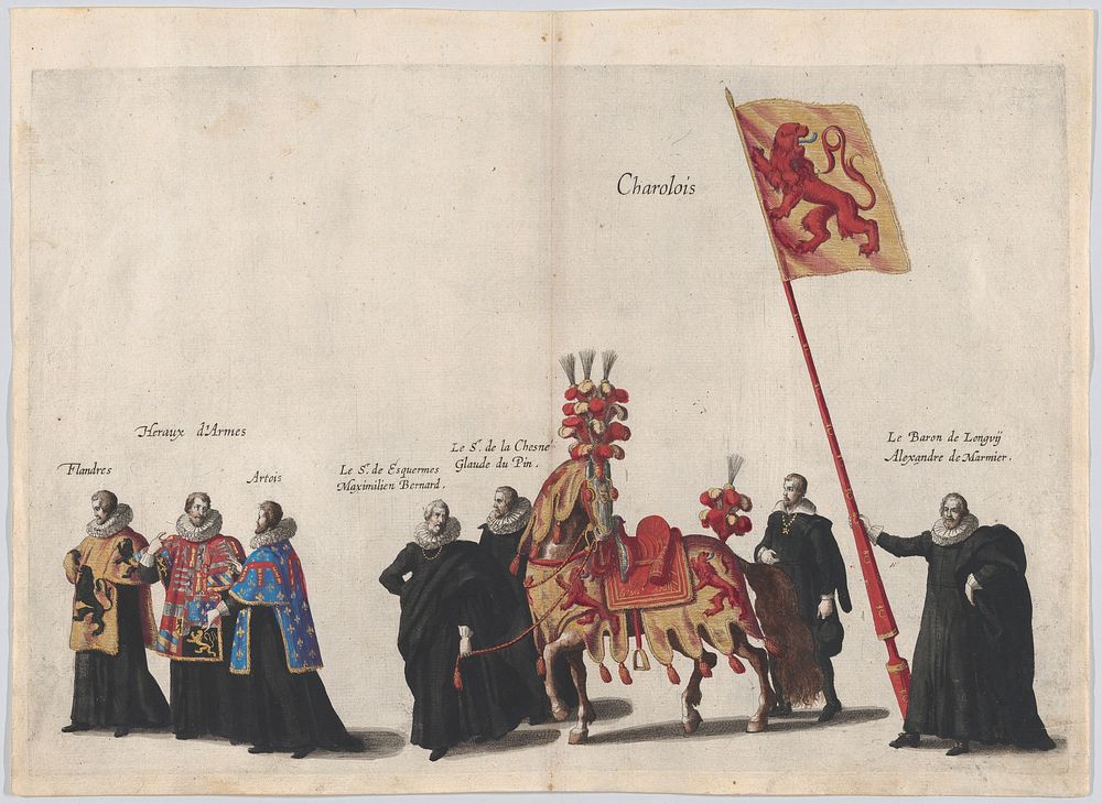 Plate 35: Men with heraldic flags and horses from Charolois marching in the funeral procession of Archduke Albert of…