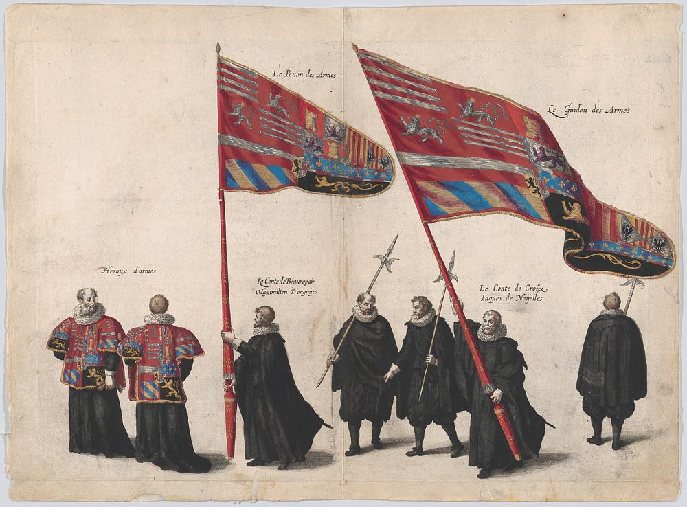 Plate 48: Men bearing arms and heraldic flags marching in the funeral procession of Archduke Albert of Austria; from 'Pompa…
