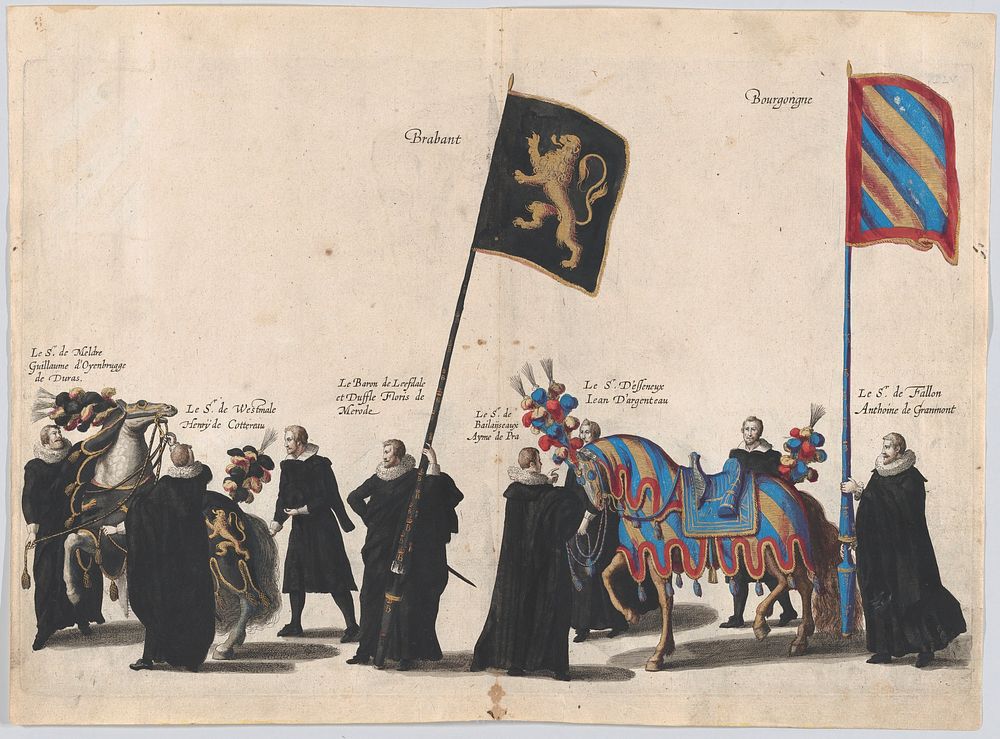 Plate 45: Men with heraldic flags and horses from the House of Brabant and Burgundy marching in the funeral procession of…