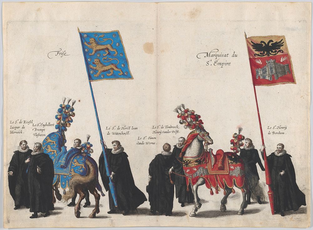 Plate 34: Men with heraldic flags and horses from Frise and the Hapsburg Empire marching in the funeral procession of…