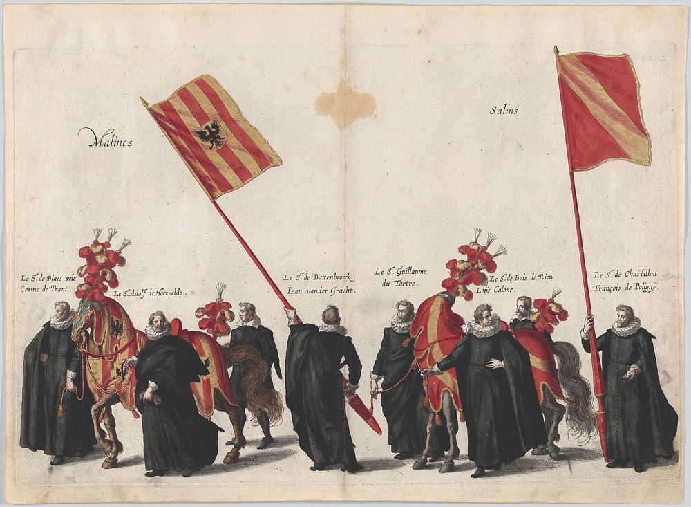 Plate 33: Men with heraldic flags and horses from Mechelen and Salins marching in the funeral procession of Archduke Albert…