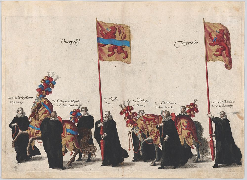 Plate 32: Men with heraldic flags and horses from Overijssel and Utrecht marching in the funeral procession of Archduke…
