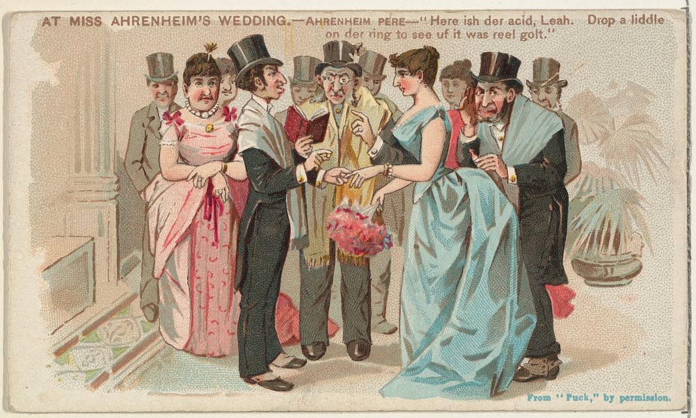 At Miss Ahrenheim's Wedding, from the Snapshots from Puck" series (N128) issued by Duke Sons & Co. to promote Honest Long…