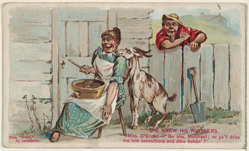 She Knew His Whiskers, from the Snapshots from Puck" series (N128) issued by Duke Sons & Co. to promote Honest Long Cut…