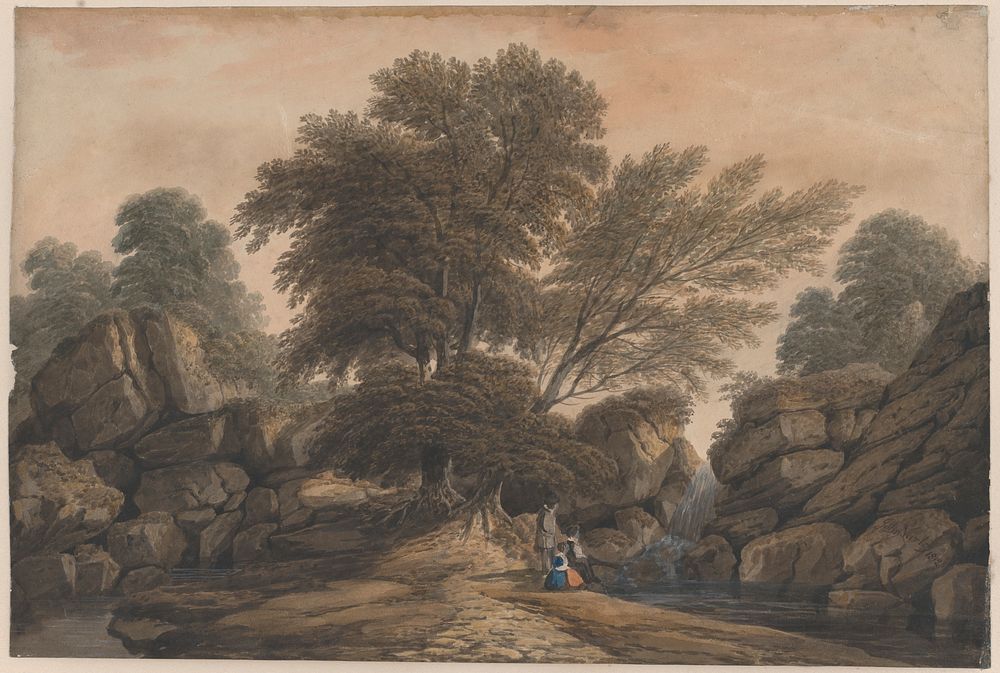 Figures Beside a Waterfall and Pool in a Wooded Landscape by John Varley