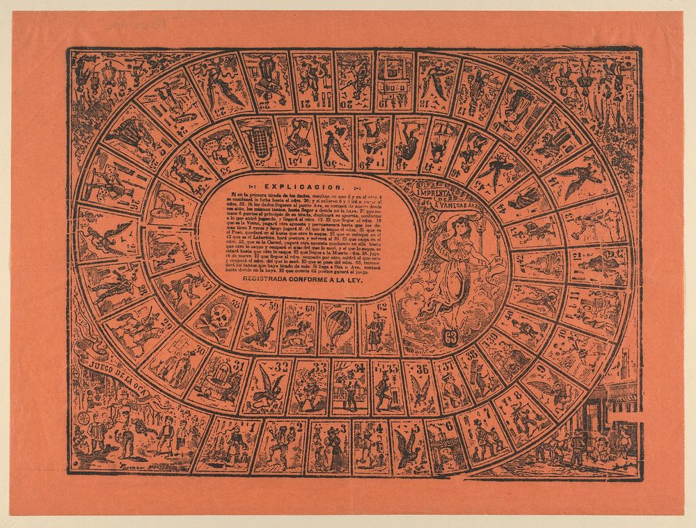 Game of the Goose, with the rules printed in the center by José Guadalupe Posada