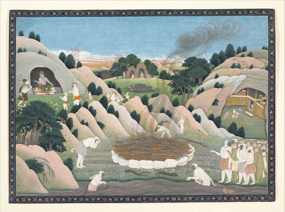 The Monkey King Vali's Funeral Pyre: Illustrated folio from a dispersed Ramayana series, workshop active in the First…
