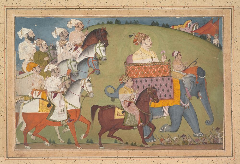 Maharaja Raj Singh in Procession with Members of His Court, attributed to Nihal Chand