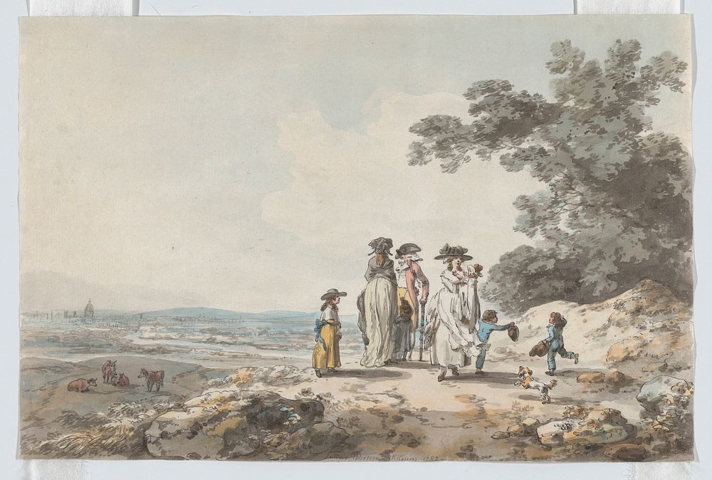 View of London with St. Paul&rsquo;s in the Distance: A Family Pausing on a Road by Julius Caesar Ibbetson