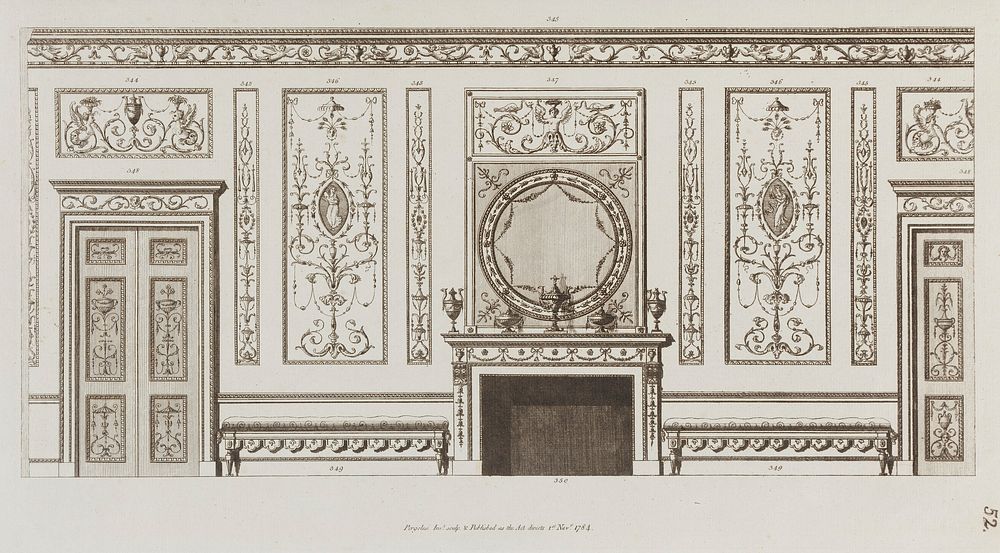 Interior design of wall with door, fireplace, panels and benches (in Designs for Various Ornaments," pl. 52) by Michelangelo…