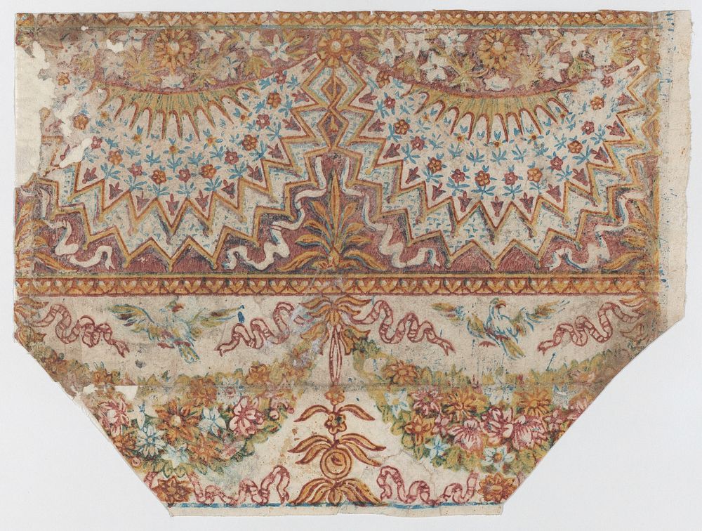 Sheet with hanging draperies, festoons, and birds