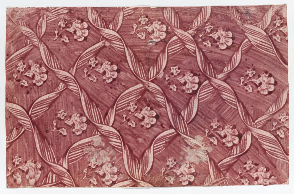 Paste paper with overall red floral and ribbon pattern by Anonymous