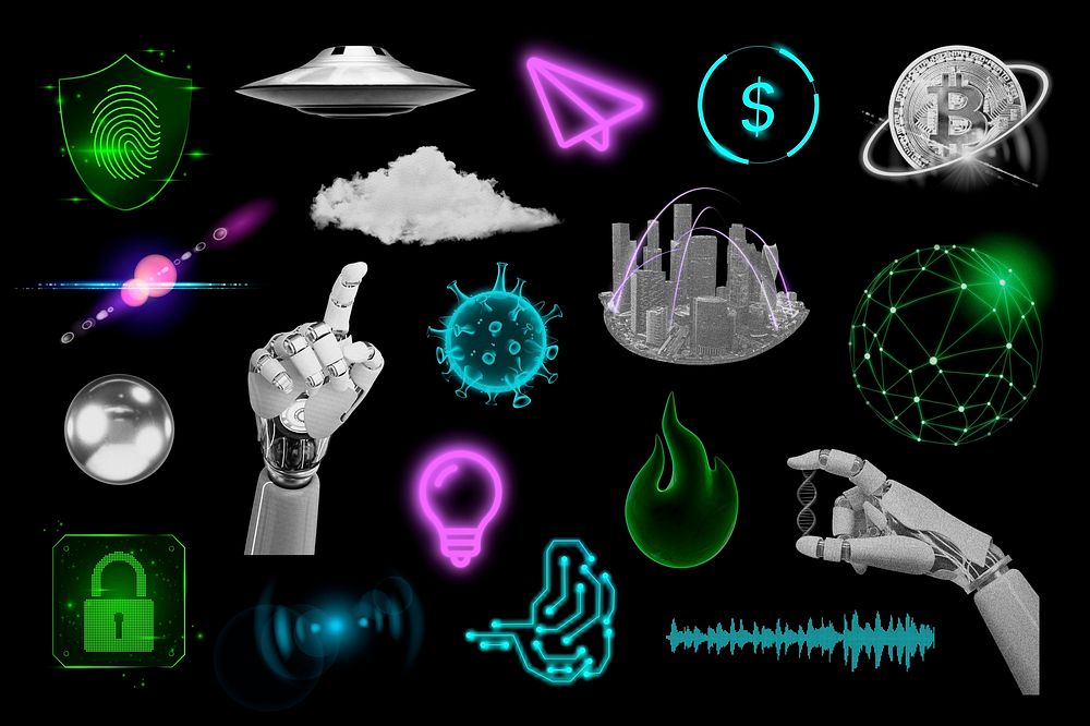 Neon tech icon collage element, retro future design