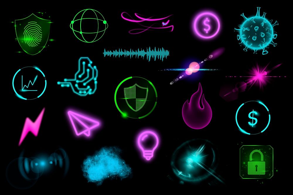 Neon tech icon collage element, retro future design