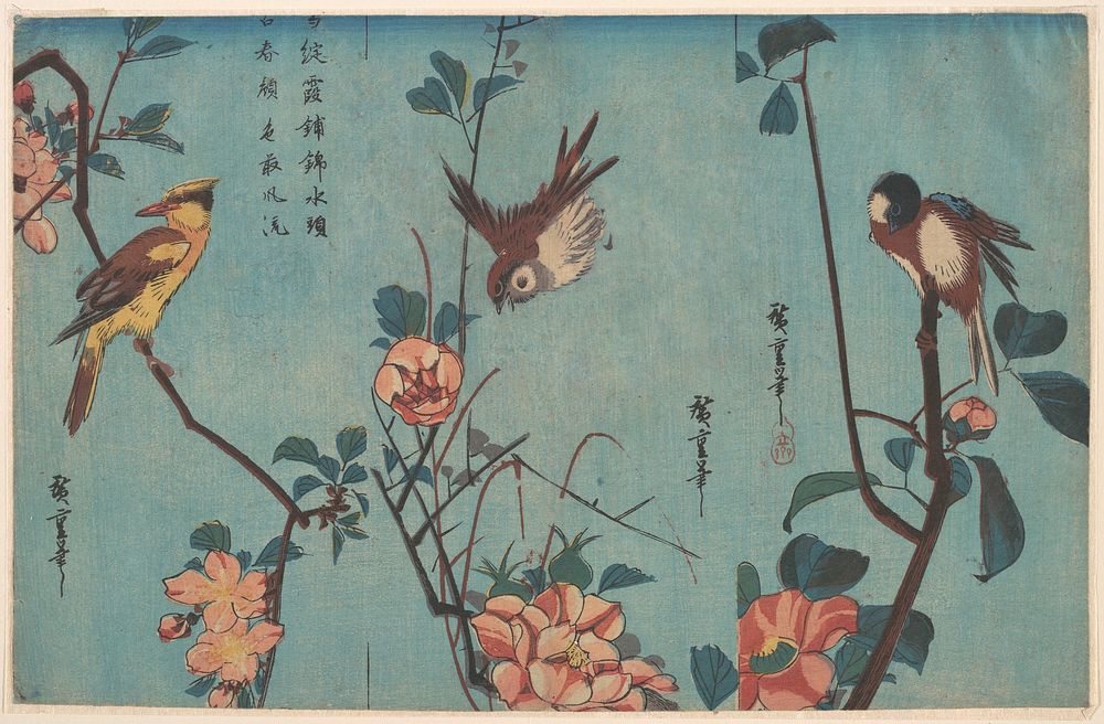 Titmouse and Camellias (right), Sparrow and Wild Roses (center), and Black-naped Oriole and Cherry Blossoms (left). Original…