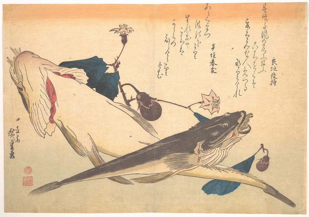 Utagawa Hiroshige (1830) Kochi Fish with Eggplant, from the series Uozukushi (Every Variety of Fish). Original public domain…