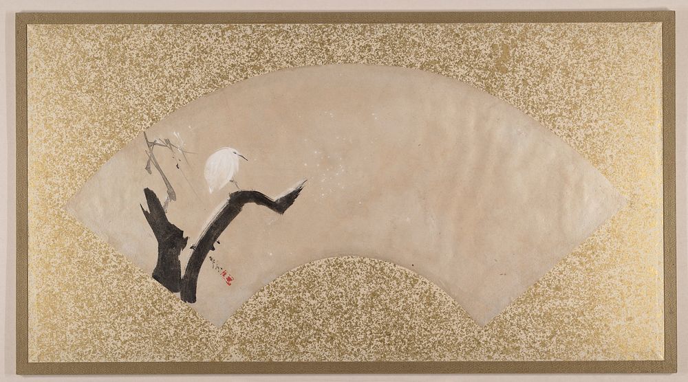 Shibata Zeshin's egret on tree stump illustration.