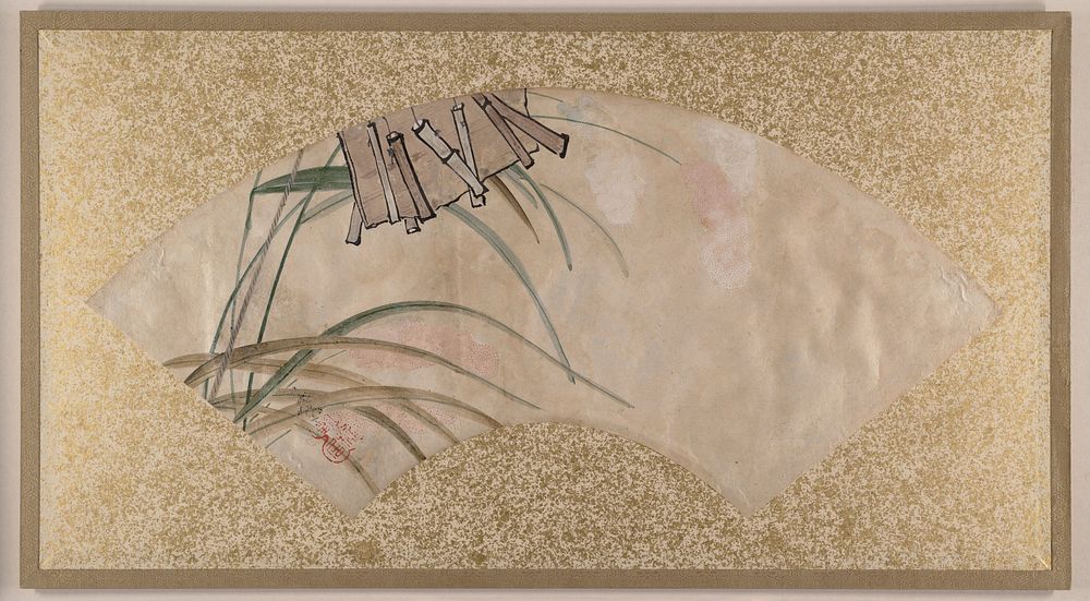 Flowers (pink and white) and Leaves, Clappers, Fan painting. Original public domain image from the MET museum.