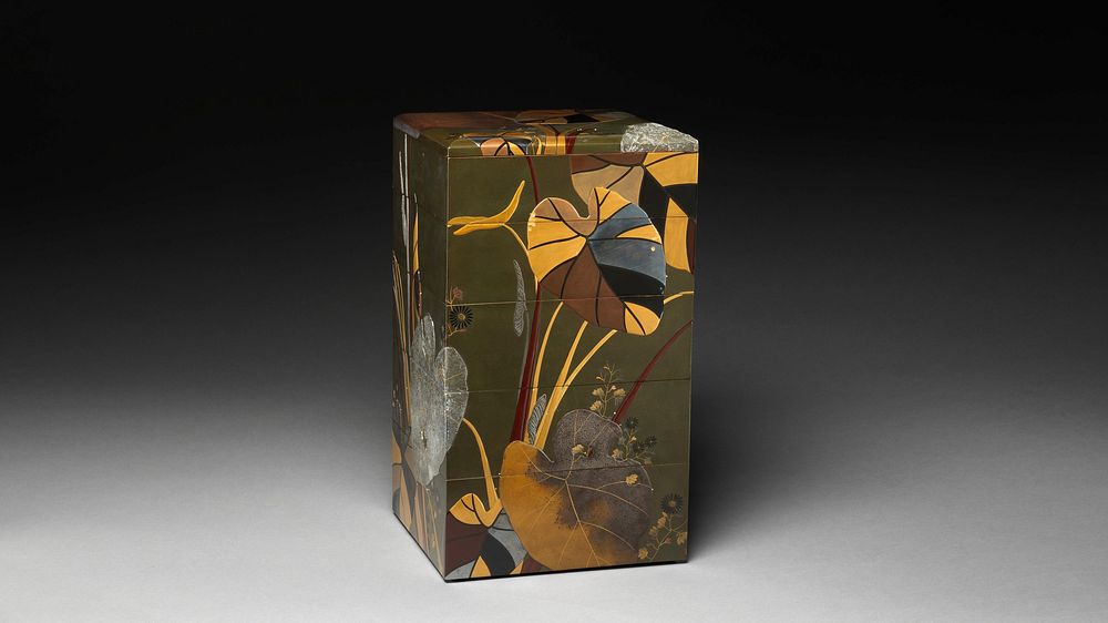 Stacked Food Box (Jūbako) with Taro Plants and Chrysanthemums. Original public domain image from the MET museum.