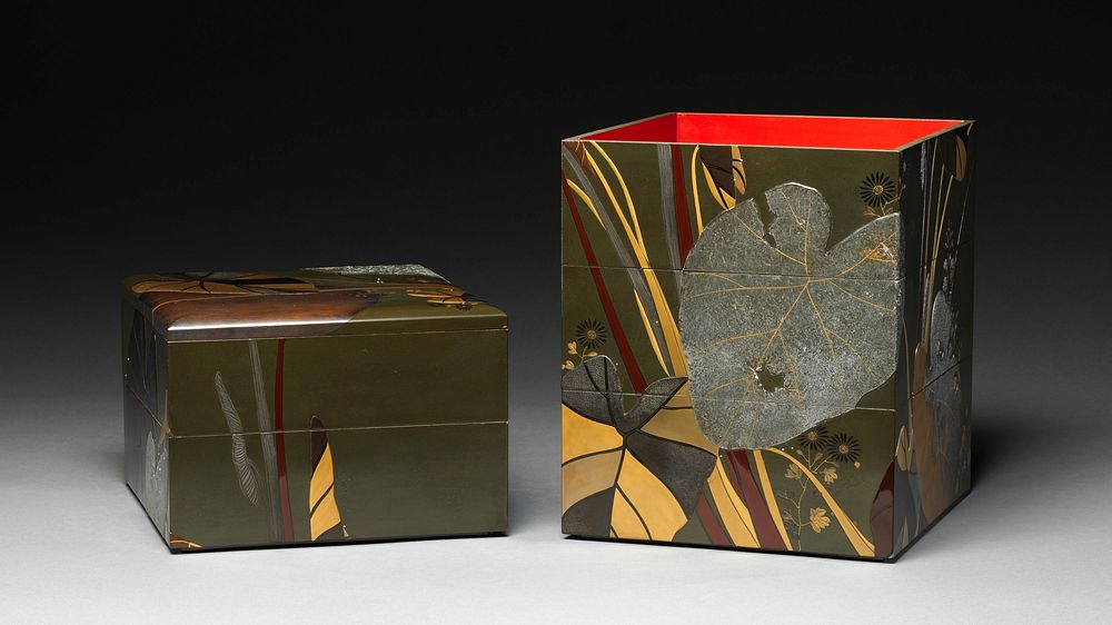 Stacked Food Box (Jūbako) with Taro Plants and Chrysanthemums. Original public domain image from the MET museum.