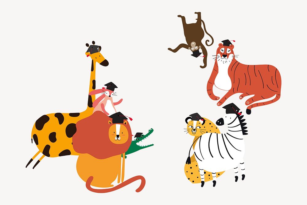 Graduation animal doodle, cute illustration, collage element vector