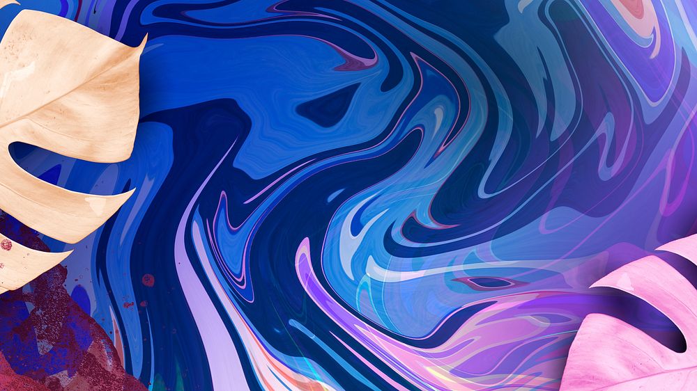 Blue liquid marble desktop wallpaper, botanical design psd